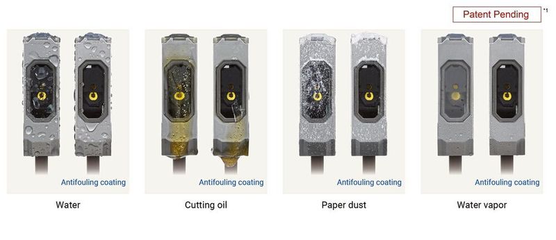 Die Antifouling-Beschichtung auf der Erfassungsfläche der Serie verhindert, dass Wassertropfen, Öl und Staub daran haften bleiben und die Linse beschlägt.  (Omron)