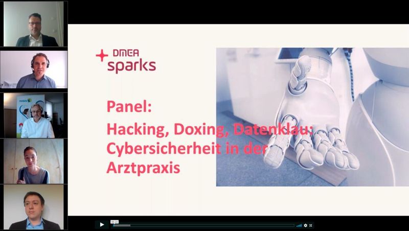 Diskussionsrunde zum Thema Cybersicherheit in der Arztpraxis mit Holm Diening, gematik Thomas Althammer, Althammer & Kill, Dr. Leonor Heinz, Deutscher Hausärzteverband
Jens Naumann, medatixx und Martin Tschirsich, selbstständiger Berater (DMEA sparks)