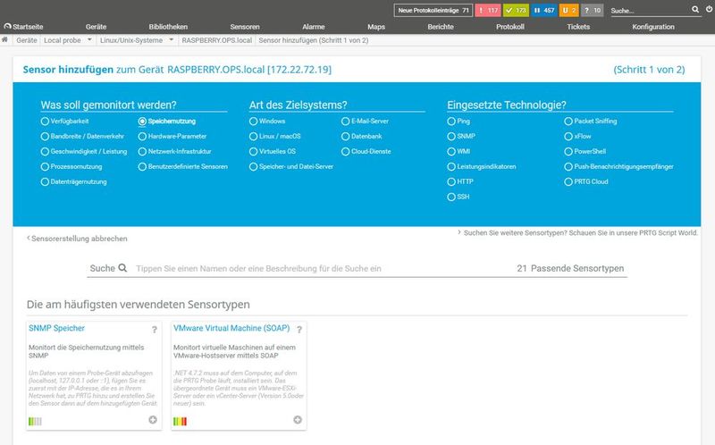 Das Hinzufügen von Sensoren gestaltet sich trotz der großen Sensorzahl relativ einfach. (Bild: Paessler / IT-Testlab)