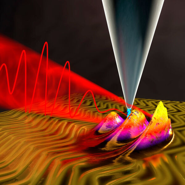 Resolution taken to the extreme: Using a combination of ultrashort laser pulses (red) and a scanning tunnelling microscope, researchers at the Max Planck Institute for Solid State Research are filming processes in the quantum world. (Dr. Christian Hackenberger )