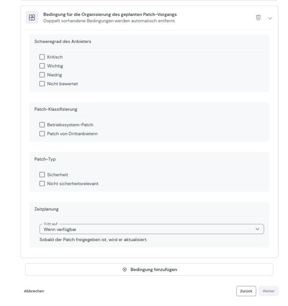 Die Bedingung für den geplanten Patch-Vorgang filtert nach Schweregrad, Patch-Klassifizierung, Patch-Typ und Zeitplanung. (Bild: Joos - TeamViewer)