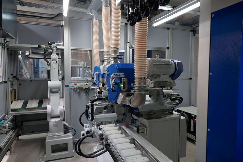 Das Handling der Grünlinge in der neuen Press-/Schleifzelle ist vollständig automatisiert. Das erlaubt einen stabilen, prozesssicheren Produktionsablauf mit einer sehr konstanten, hohen Qualität der gefertigten Grünlinge.   (Bild: Maschinenmarkt/rw)