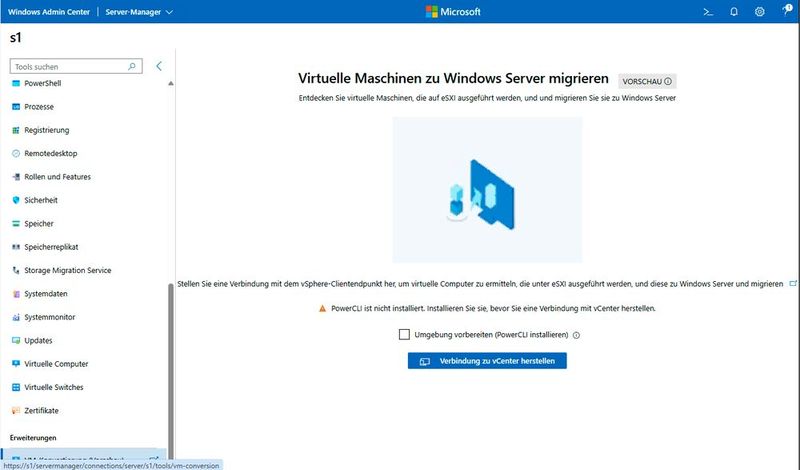 Startseite der VM-Konvertierungserweiterung, auf der zunächst die Verbindung zu einem vCenter-Server hergestellt wird, bevor VMware-VMs erkannt und migriert werden können. (Bild: Microsoft - Joos)