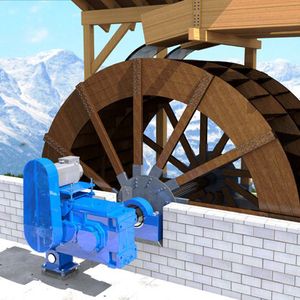 Damit das Mühlenrad die Wasserkraft in Energie umsetzen kann, wird ein integriertes Antriebssystem ais Synchronmotor und Getriebe eingesetzt.