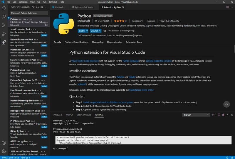 Auswählen des Python-Interpreters und programmieren mit Python in Visual Studio Code.