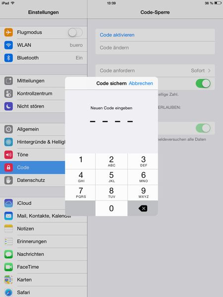 In iOS können Anwender einen vierstelligen Code für iPads nutzen. Besser ist aber ein komplizierter Code. Dieser erhöht deutlich die Sicherheit. (Bild: Joos)