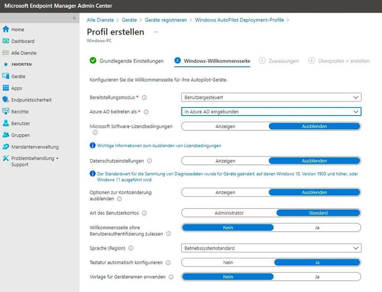 Konfigurieren des Profils für die Bereitstellung von Windows mit Autopilot. (Microsoft / Joos)