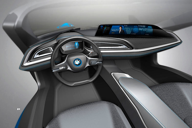 So könnte das Cockpit der Zukunft aussehen. Fahrerinformationen über Head-Up Display, Kombiinstrument mit dreidimensionaler Anzeige und ein 21 Zoll großes Panoramadisplay. (Foto: BMW)