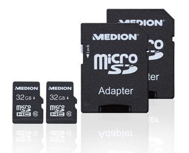Das MicroSDHC-Karten-Set Medion P89680 mit zwei 32-GB-Karten kostet 19,99 Euro. (Bild: Aldi Süd)