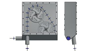 Anordnung von zwei Umlenkrollen in der neuen Umlenkstation SFA60, die aktuell zum Patent angemeldet ist: Eintritt der Förderstrecke vertikal, Abzug mit unterer Rolle horizontal nach links außen (Bild: Wessjohann)