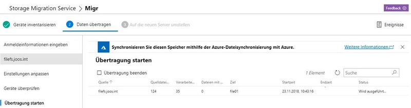 Durchführen der Datenübertragung im Storage Migration Service in Windows Server 2022. (Bild: Joos (Screenshot))