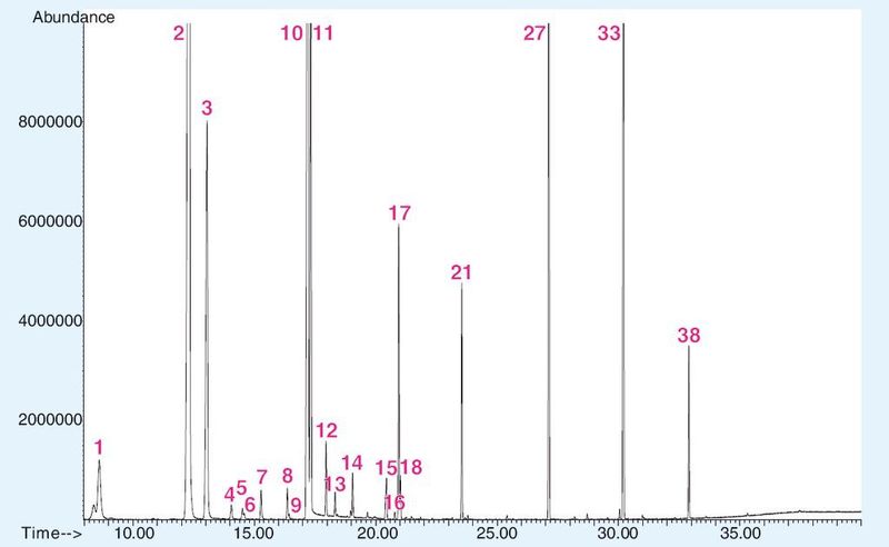 Abb. 2: Headspace-Chromatogramm eines gereiften Whiskeys (Signalzuordnung s. Tabelle 1).  (Bild: Gerstel)