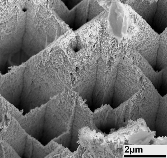 Die aufgeraute Oberflächenstruktur von Zink in 10.000-facher Vergrößerung (2 µm = 0,002 mm). (Melike Baytekin-Gerngroß)