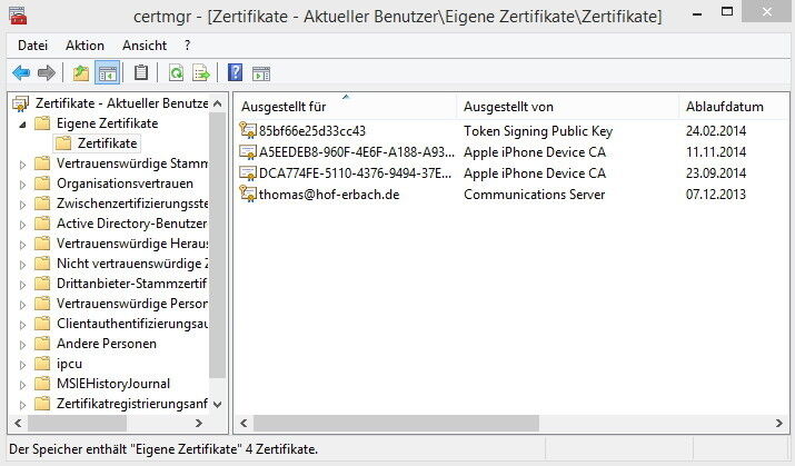 Nutzer von Exchange 2013 können ihre E-Mails auch selbst verschlüsseln, wenn ihr Postfach in Office 365 gehostet wird. Dazu muss ein Zertifikat für die Verschlüsselung auf dem PC vorhanden sein, zum Beispiel von StartSSL.com. Zertifikate lassen sich einsehen, indem man „certmgr.msc“ über das Windows-Startmenü ausführt. (Bild: Thomas Joos)