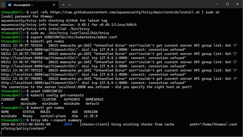 Installation von Trivy auf dem Hostsystem, Korrektur einer fehlerhaften KUBECONFIG Variable und erfolgreicher Start des Trivy Kubernetes Scans gegen den aktiven Minikube Kontext. (Bild: Joos)