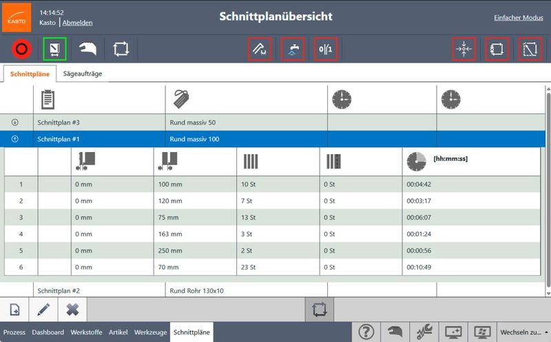 Blick auf die Materialbibliothek und die Schnittpläne. Diese verkürzen laut Kasto Rüstzeiten und ermöglichen die automatisierte Abarbeitung wiederkehrender Aufträge. (Bild: Kasto)