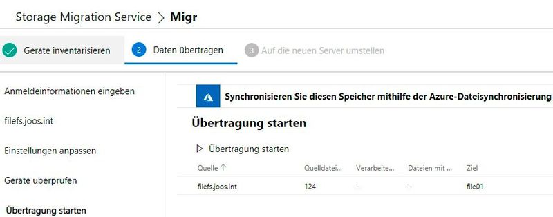 Starten der Datenübertragung im Storage Migration Service in Windows Server 2022. (Bild: Joos (Screenshot))