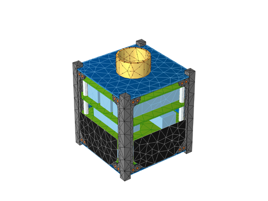 Importierte CAD-Geometrie eines CubeSat und das daraus resultierende Finite-Elemente-Netz nach etwas Defeaturing und Vereinfachung.(Bild:  Comsol)