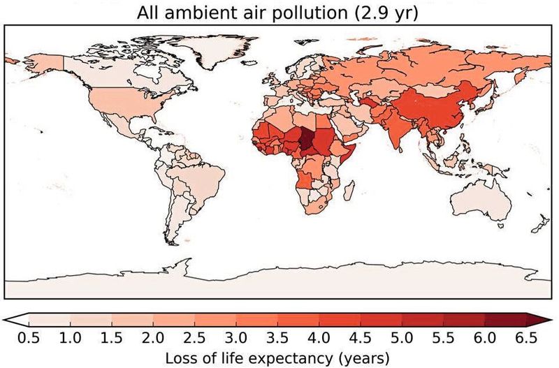 Durchschnittlich verlorene Lebenszeit durch verschiedene Risikofaktoren, bezogen auf das Jahr 2015: Gesamte Luftverschmutzung, 2,9 Jahre  © The Author(s) 2020. Published by Oxford University Press on behalf of the European Society of Cardiology , DOI: 10.1093/cvr/cvaa025 (Bild: Figure 1 / Münzel et al. / CC BY 4.0)
