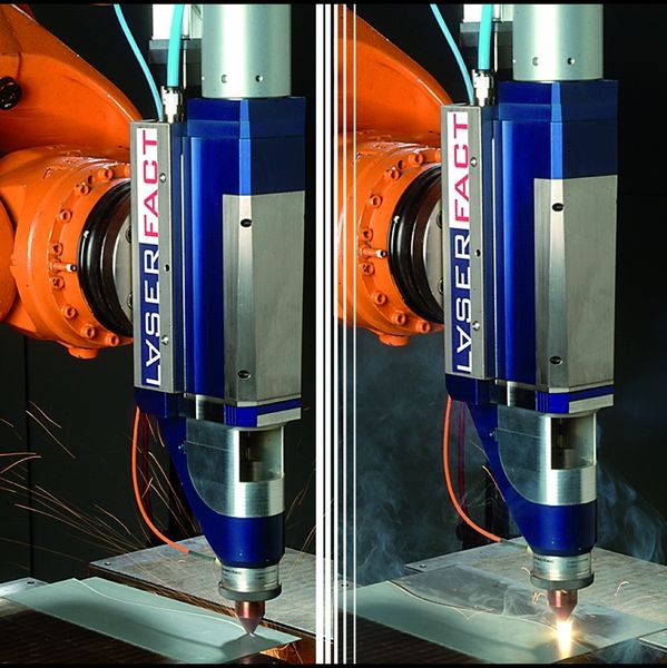 Bild 2: Der Laserbearbeitungskopf kann automatisch umschalten zwischen Schneiden (links) und Schweißen (rechts). (Archiv: Vogel Business Media)