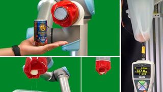 Rose kann eine Vielzahl von Objekten mit Leichtigkeit aufnehmen. Das Bild oben links zeigt, wie er eine Kaffeedose greift, während die unteren Bilder zeigen, wie er erfolgreich ein geschältes Hühnerei in Olivenöl aufhebt. Das Bild rechts zeigt die maximale Hebekraft, die ROSE aushalten kann.
Bildnachweis:  (Bild: Van Anh Ho vom JAIST)