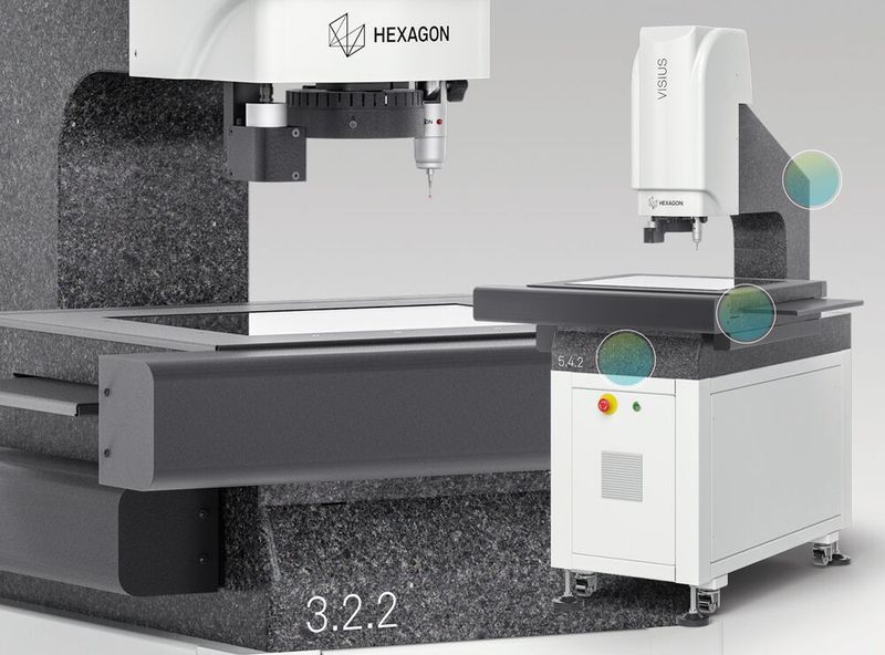 Machine à mesurer tridimensionnelle VISIUS : la base de la machine, la colonne Z fixe, et le plateau intégré à mouvements croisés XY sont en granit pour une haute stabilité et une grande résistance thermique. (Source : Haxagon AB)