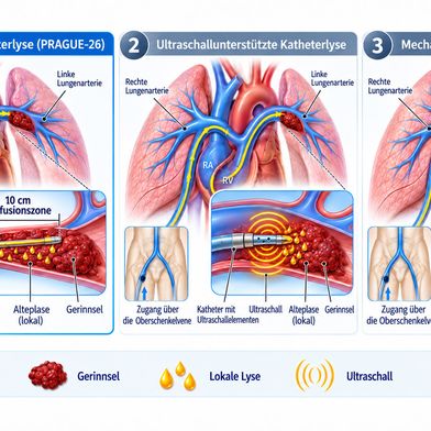 Drei Wege zum Gerinnsel: lokale Lyse über einen einfachen 4-F-Infusionskatheter (PRAGUE-26), ultraschallunterstützte Lyse mit Zusatzkomponenten und mechanische Absaugung über großlumige Katheter. (KI-generiert / Redaktion Devicemed)