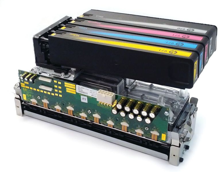 Die Pagewide-Druckwerkbaugruppe ist das Herzstück der HP-Drucker. Die pigmentierten Tinten sind in einzelnen Tanks untergebracht. (HP)