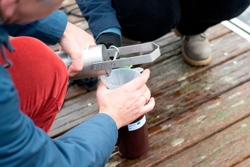 Am Steg des Olympiastützpunkts der Ruderer südlich von Rostock entnehmen Prof. Jens Tränckner und seine wissenschaftliche Mitarbeiterin Alena Seidenfaden von der Universität Rostock Wasserproben aus der Warnow.  (Bild: EU 4 Regions)