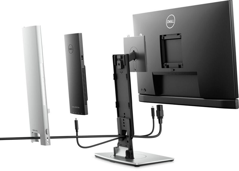 Der Mini-PC Dell Optiplex 3090 Ultra mit Intel-Mobile-CPU der 11. Generation findet seinen Platz im Monitorständer.  (Dell)