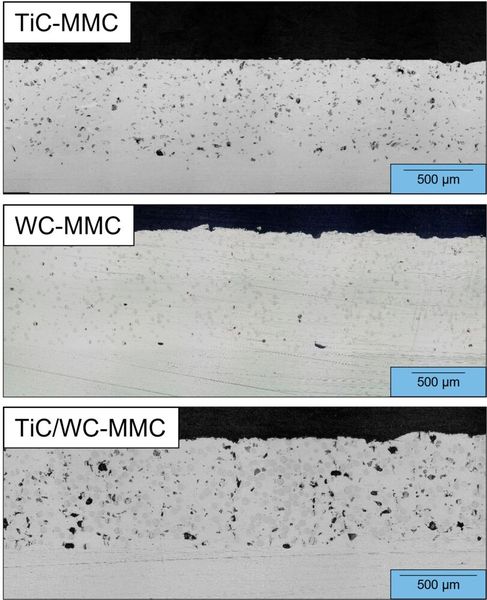 Querschliffe der drei verschiedenen für die Standzeiterhöhung der Stanzstempel untersuchten MMC-Schichtsysteme aus 1.2888-Werkzeugstahl, nebst Titankarbid- und oder Wolframkarbidpartikeln auf einem 1.2379-Werkzeugstahl-Substrat. (Bild: RWTH Aachen)