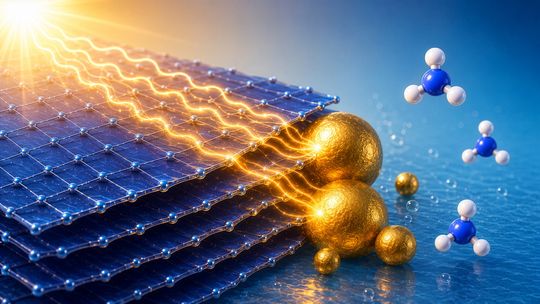 Licht fällt auf das Material, die Energie wird an Goldpartikel weitergeleitet, an denen Ammoniak entsteht.(Bild:  TU Wien (KI-generiert))