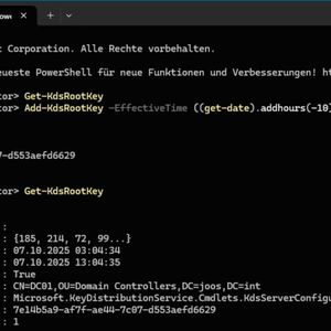 PowerShell-Ausgabe zur Prüfung und Erzeugung des KDS-Stammschlüssels als kryptografische Grundlage für delegierte verwaltete Dienstkonten im Active Directory. (Bild: Joos)