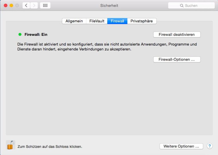 In vielen Fällen ist die Firewall in Mac OS nicht eingeschaltet. Um den Rechner sicher zu betreiben, sollte diese in den Sicherheitseinstellungen aktiviert werden.  (Bild: Thomas Joos)