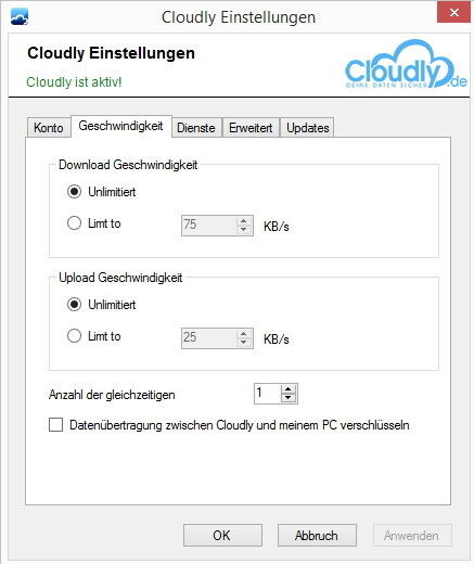 In den Eigenschaften von Cloudly können Sie den Download und Upload an Ihre Bedürfnisse anpassen. In der Clientsoftware von Cloudly sehen Anwender den Status der einzelnen Dateien die das Tool gerade sichert. Auf der Registerkarte Dienste lassen sich die Einstellungen bezüglich der Ordner anpassen und Ordner hinzufügen, wenn Anwender weitere Ordner in der Cloud sichern wollen. (Bild: Cloudly.de)