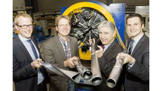 Mit dem Stahl-Innovationspreis ausgezeichnet: Dr. Christoph Becker (TU Dortmund), Prof. Matthias Hermes (FH Südwestfalen), Prof. A. Erman Tekkaya (TU Dortmund) und Goran Grzancic (TU Dortmund, v.l.). Foto: Roland Baege/TU Dortmund. (Bild: IUL/TU Dortmund)