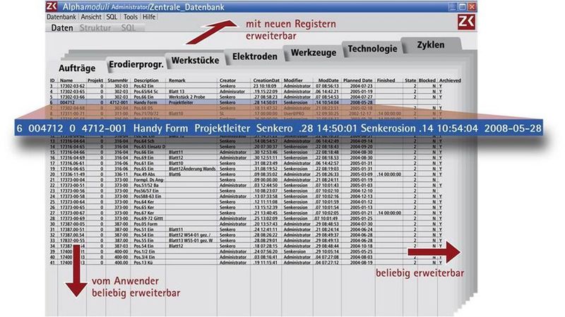 Bild 4: Aufträge, Erodier- oder Fräsvorgänge sowie Werkstücke und Elektroden werden zentral in der Datenbank abgelegt. Das sorgt für Transparenz aller Vorgänge und Teile. Bild: Zimmer & Kreim (Archiv: Vogel Business Media)