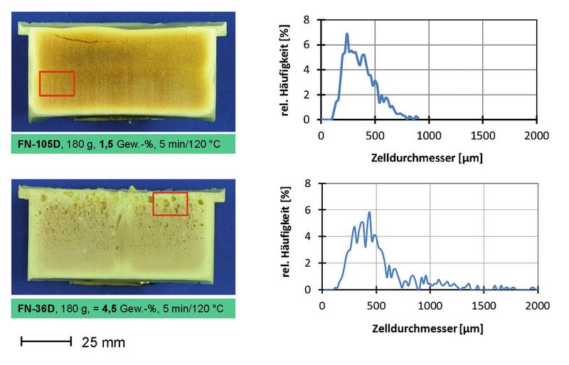 Bild 7: Verteilung der Porenzahl und -größe, die durch optische Zellanalyse an zwei ausgewählten Bereichen der Probekörper ermittelt wurden. (Bild: Karatzias)