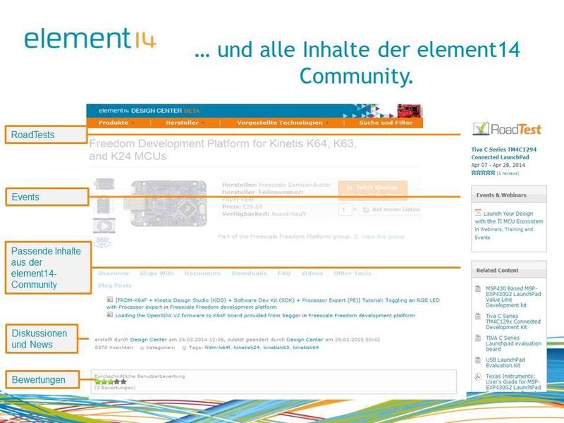 Folie 06: Entwickler haben außerdem Zugriff auf alle Inhalte der element14 Community. (Bild: Farnell element14)