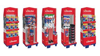 Diese augefälligen Warendisplays fertigt der Verpackungs- und Distributionsspezialist Thimm für den Reinigungssystemehersteller Vileda. Sie sind aus recycelbarer Wellpappe und gelten als langlebig, flexibel konfigurierbar und eben nachhaltig. (Vileda)