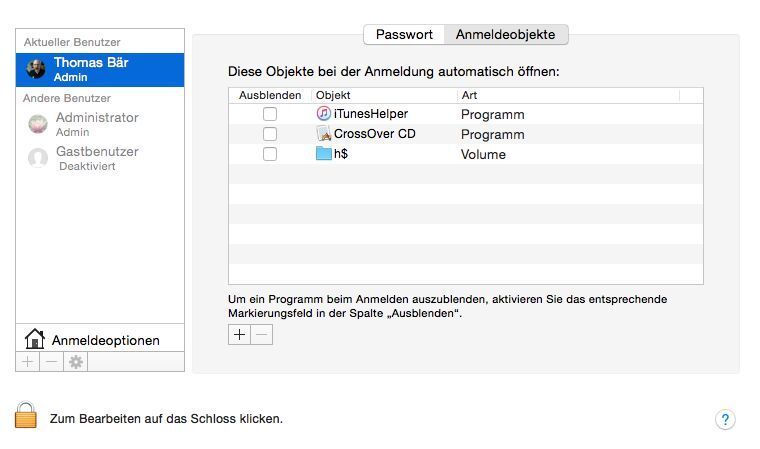 Abbildung 2: Soll eine Verbindung zu einer Freigabe stets wieder hergestellt werden, so muss der Apple-Benutzer dies unter „Anmeldeobjekte“ eintragen. (Bild: Schlede/Bär)