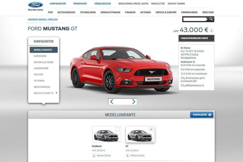 Platz 9: Ford. Nur wenig besser schneidet Ford ab. Auch hier sind interaktive Features Fehlanzeige. Zudem bemängeln die Redakteure die Textlastigkeit des Konfigurators – bei gleichzeitig geringem Informationsgehalt. Immerhin: Positiv sind die kurzen Ladezeiten der Seite. (Screenshot Ford)