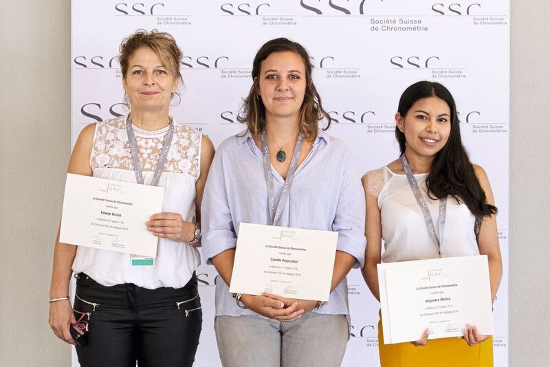 Les lauréates, de gauche à droite: Edwige Drezet (2e prix), Camille Paracchini (1er prix), Alejandra Molina (3e prix) le jour de la remise des prix à la JE 20108 à Montreux. (SSC)