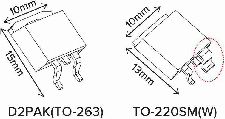 Bild 2: Das TO-220SM(W) hat einen erheblich kürzeren Source-Anschluss, der dreimal breiter ist als bei einem normalen D2PAK-Gehäuse.  (Toshiba)