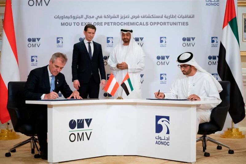 Die Absichtserklärung zwischen OMV und Adnoc wurde im Beisein von Kanzler Sebastian Kurz und Kronprinz Scheich Mohammed bin Zayed Al Nahyan unterzeichnet. (Adnoc)