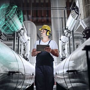 Der Digital Worker verbindet die virtuelle und die reale Welt über mobile Endgeräte wie Laptops, Tablets, Smartphones oder Datenbrillen.(Bild:  Siemens)