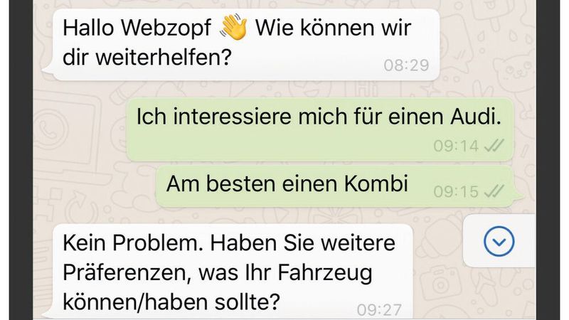 So kann eine persönliche Kundenberatung per Whatsapp aussehen. So kann eine persönliche Kundenberatung per Whatsapp aussehen.