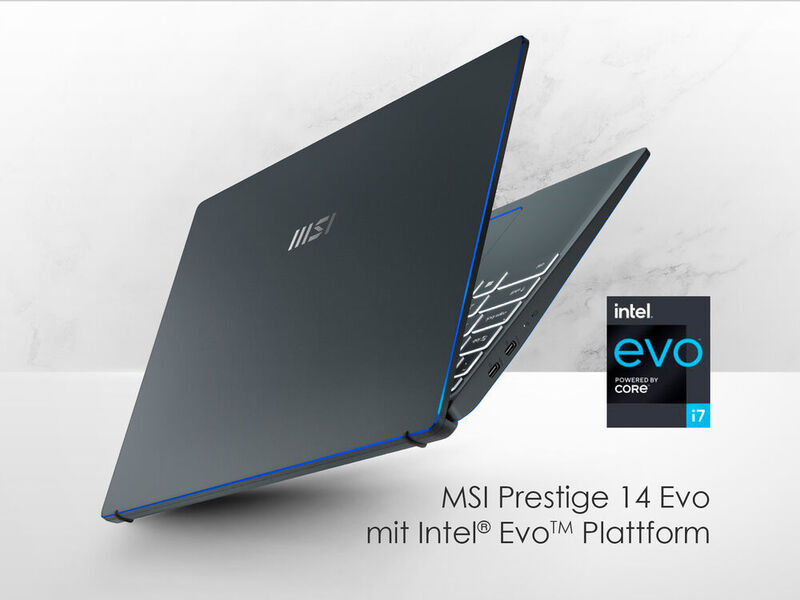 Das Prestige 14 Evo kann sich als erstes MSI-Notebook mit dem Evo-Logo von Intel schmücken. Es ist mit einem Core i7-1185G7 aus Intels Tiger-Lake-Familie bestückt. (MSI)