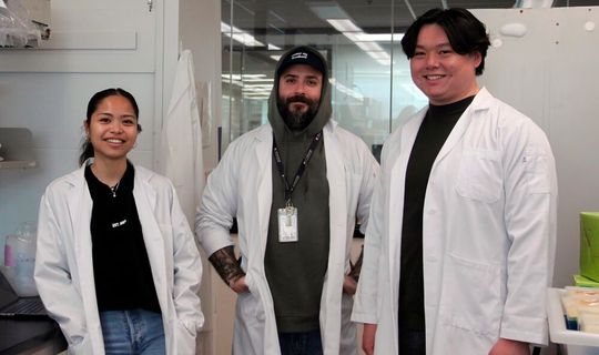 From left: Denise Catacutan, Jon Stokes and Gary Liu recently created a new AI model for drug development, and used it to design a new topical antibiotic.(Source:  McMaster University)