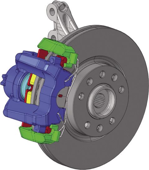 (Bremssattel (blau) und Bremsengehäuse (grün) sind durch die Anforderungen Bau- teile mit kritischer Gießbarkeit. Bild: Continental)